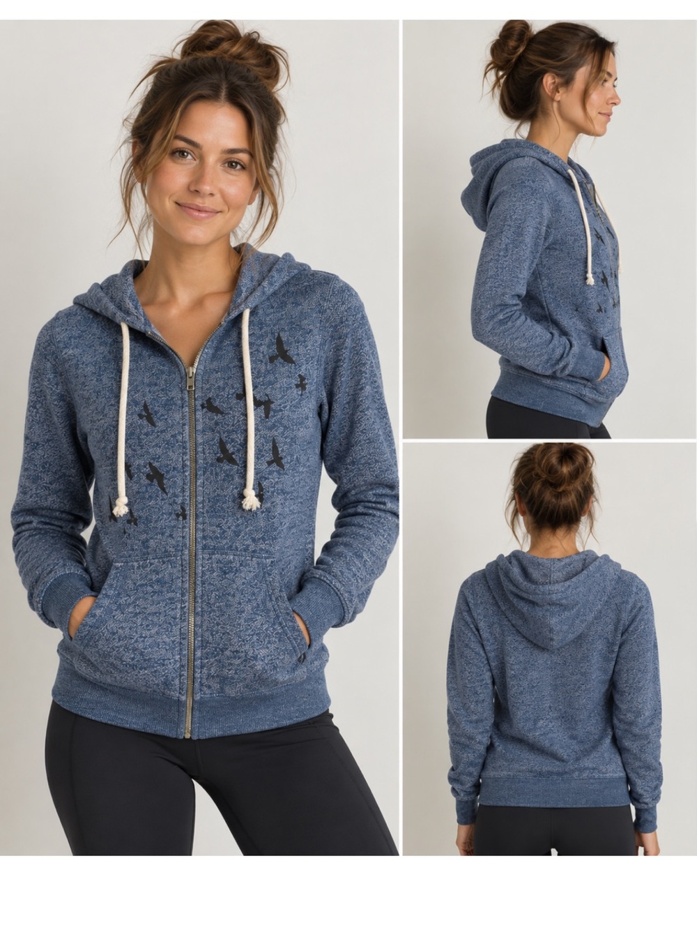 Oiselle Blue Marled Bird Print Full Zip Hoodie Size XS